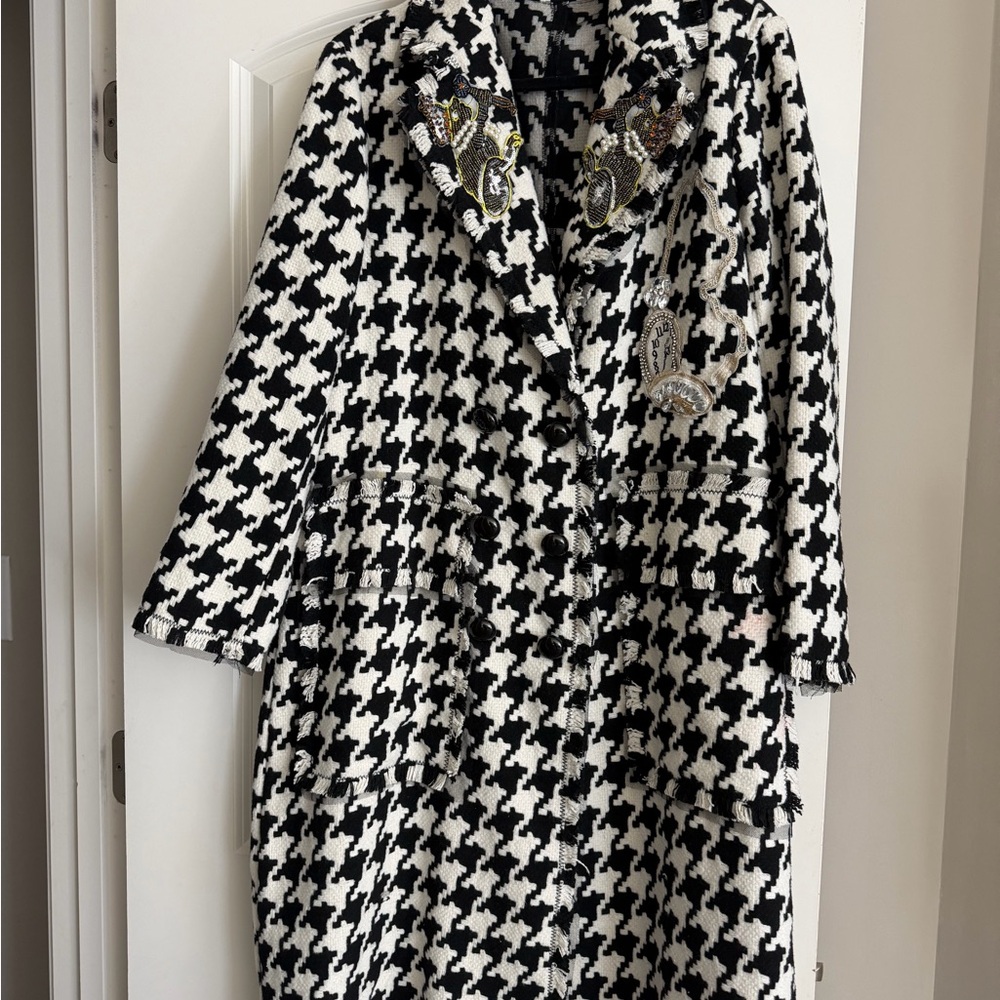 Black and White Houndstooth Coat with Embellishments